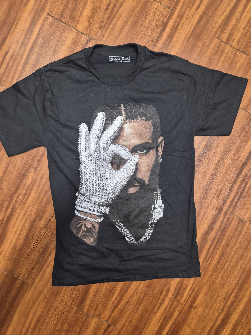 Black Graphic Tee with Silver Glove Motif